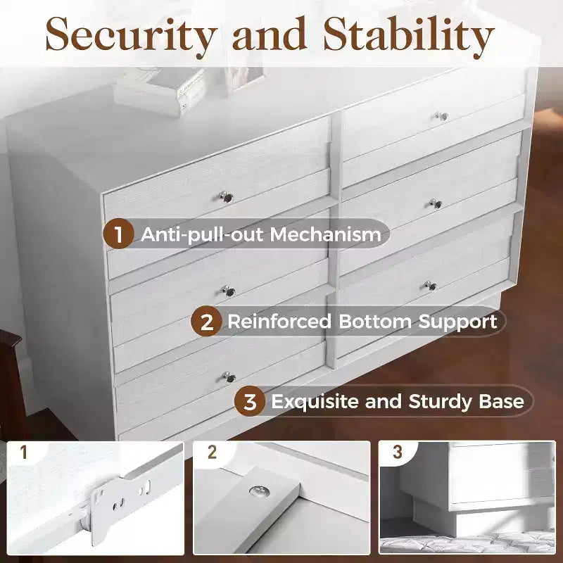 Heynemo 6 Drawer Dresser, Modern Closet Dressers with Crystal Knobs & Painted Strip, for Bedroom Living Room Hallway Closet