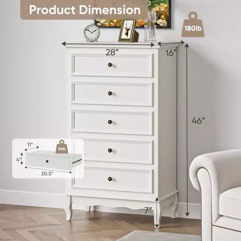 Heynemo Dresser for Bedroom, Modern 5 Drawer Dresser with Solid Wood Legs and Painted Finish, Ideal for Living Room, Nursery, Hallway, Entryway,