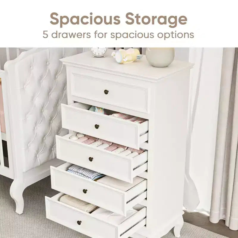 Heynemo Dresser for Bedroom, Modern 5 Drawer Dresser with Solid Wood Legs and Painted Finish, Ideal for Living Room, Nursery, Hallway, Entryway,