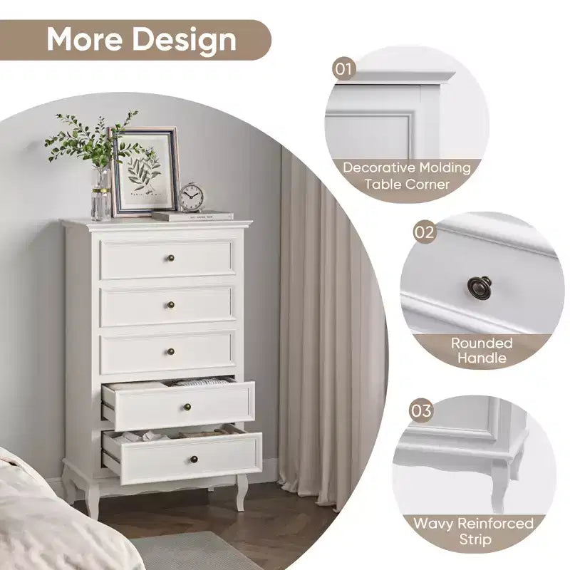 Heynemo Dresser for Bedroom, Modern 5 Drawer Dresser with Solid Wood Legs and Painted Finish, Ideal for Living Room, Nursery, Hallway, Entryway,