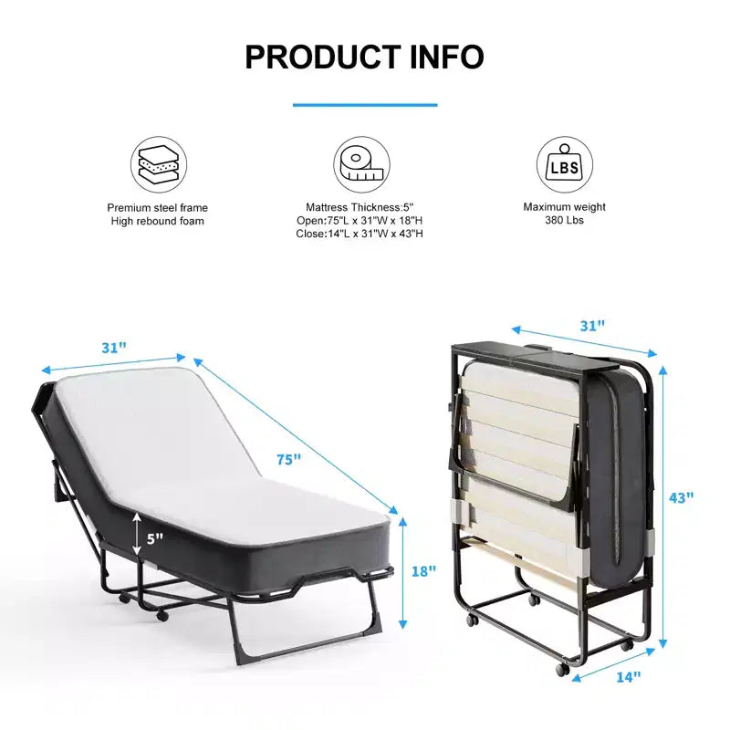 Mjkone Adult Folding Bed with Memory Foam Mattress Sleeper Wood Slats,With dust cover,75*32