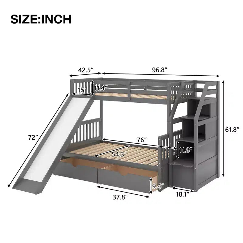 Whisen Twin over Full Bunk Bed with Drawers, Storage and Slide, Multifunction