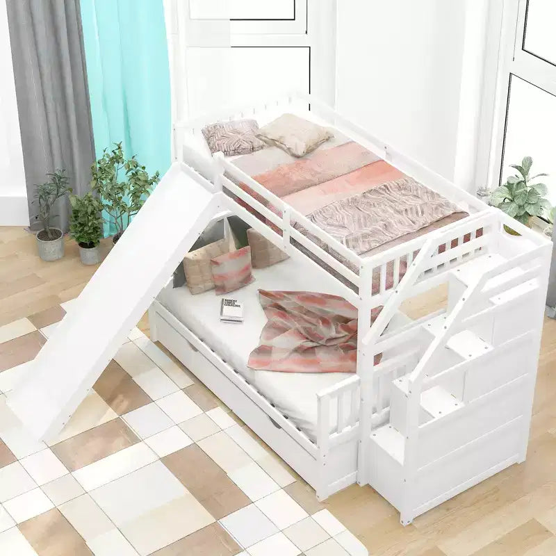 Whisen Twin over Full Bunk Bed with Drawers, Storage and Slide, Multifunction