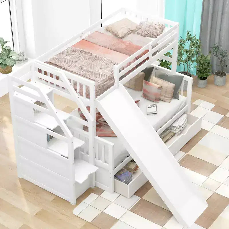 Whisen Twin over Full Bunk Bed with Drawers, Storage and Slide, Multifunction