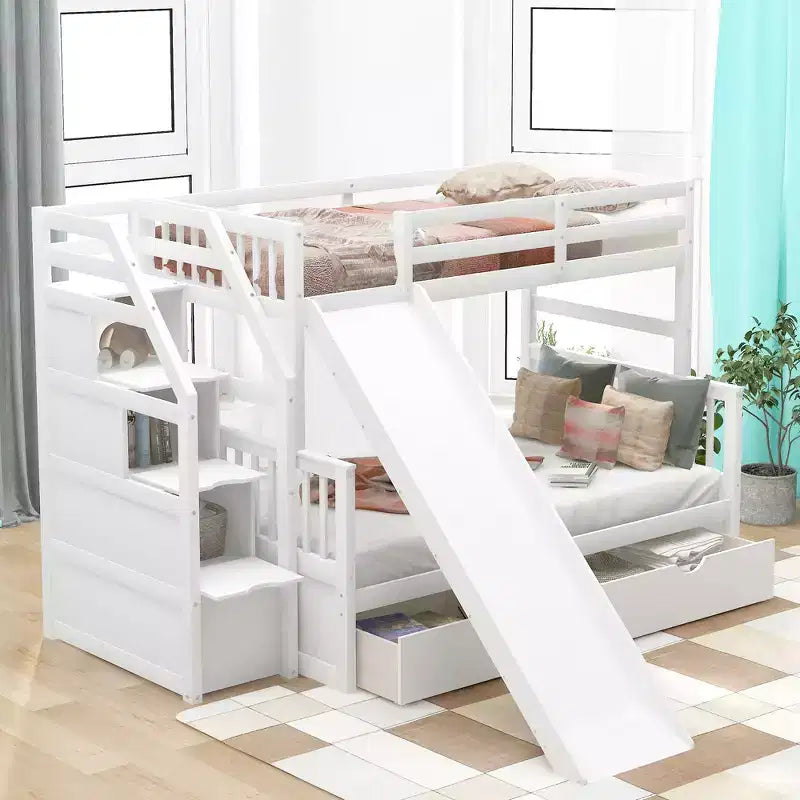 Whisen Twin over Full Bunk Bed with Drawers, Storage and Slide, Multifunction