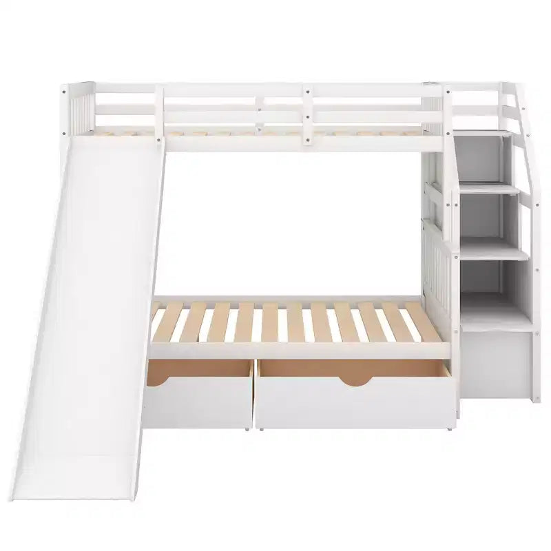 Whisen Twin over Full Bunk Bed with Drawers, Storage and Slide, Multifunction