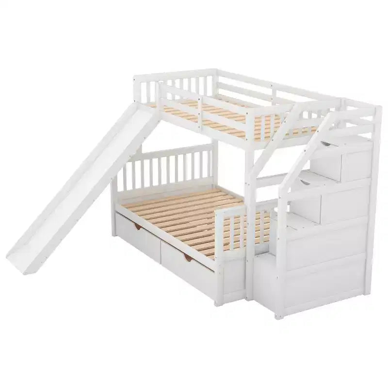Whisen Twin over Full Bunk Bed with Drawers, Storage and Slide, Multifunction