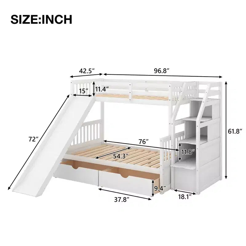 Whisen Twin over Full Bunk Bed with Drawers, Storage and Slide, Multifunction