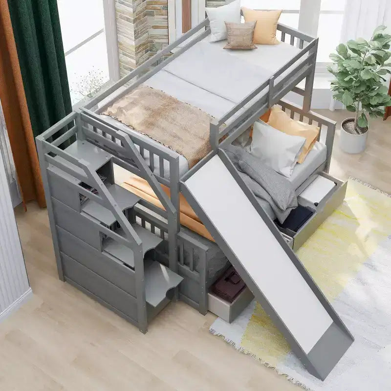 Whisen Twin over Full Bunk Bed with Drawers, Storage and Slide, Multifunction