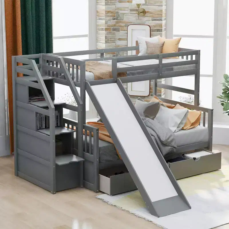 Whisen Twin over Full Bunk Bed with Drawers, Storage and Slide, Multifunction