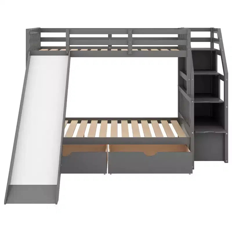 Whisen Twin over Full Bunk Bed with Drawers, Storage and Slide, Multifunction