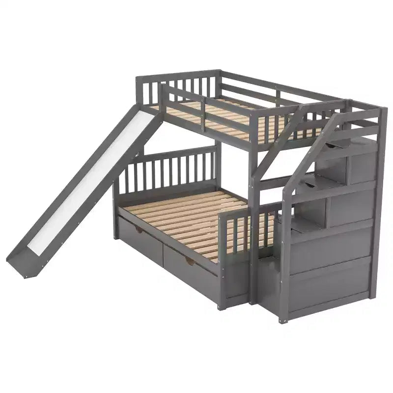 Whisen Twin over Full Bunk Bed with Drawers, Storage and Slide, Multifunction