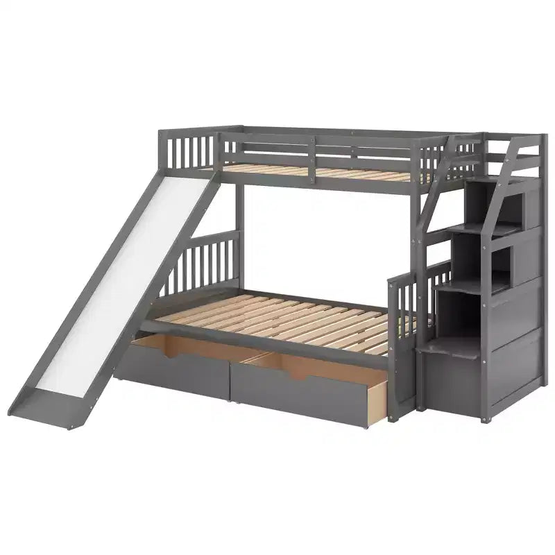 Whisen Twin over Full Bunk Bed with Drawers, Storage and Slide, Multifunction