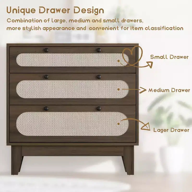 WhizMax 3 Drawer Wood Dresser, Rattan Nightstand Bedside Table