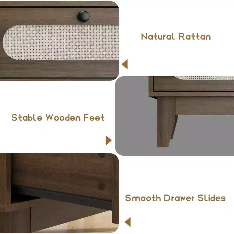 WhizMax 3 Drawer Wood Dresser, Rattan Nightstand Bedside Table