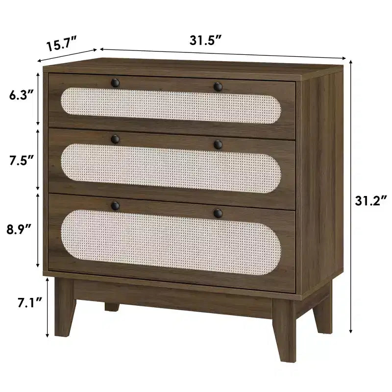 WhizMax 3 Drawer Wood Dresser, Rattan Nightstand Bedside Table