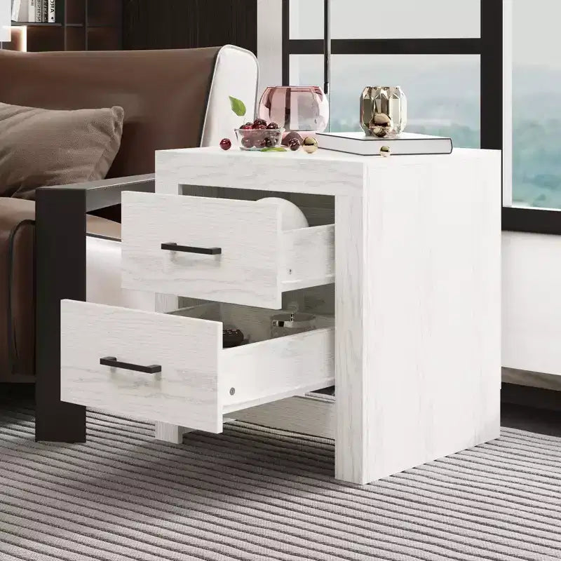 Famapy Two Drawer Nightstand Woodgrain Accent Vertical Storage Cabinet Bedside Table