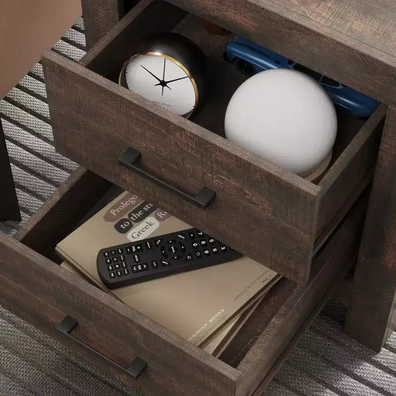 Famapy Two Drawer Nightstand Woodgrain Accent Vertical Storage Cabinet Bedside Table