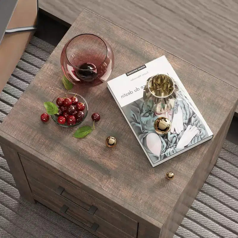 Famapy Two Drawer Nightstand Woodgrain Accent Vertical Storage Cabinet Bedside Table