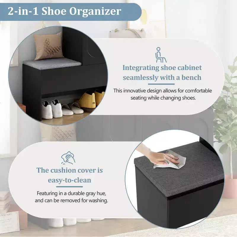 51W Storage Bench Shoe Bench Shoe Cabinet Shoe Rack Organizer with Cushion, Adjustable Shelves, Arched Doors and Rebound Devices, White/Black-ModernL