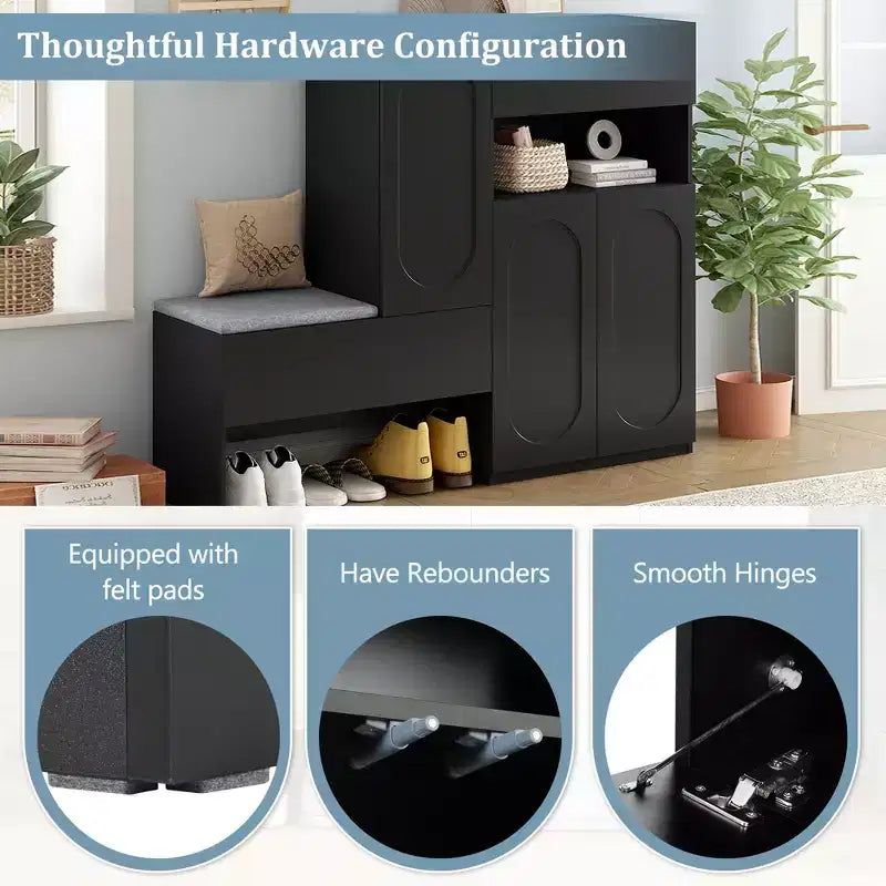 51W Storage Bench Shoe Bench Shoe Cabinet Shoe Rack Organizer with Cushion, Adjustable Shelves, Arched Doors and Rebound Devices, White/Black-ModernL