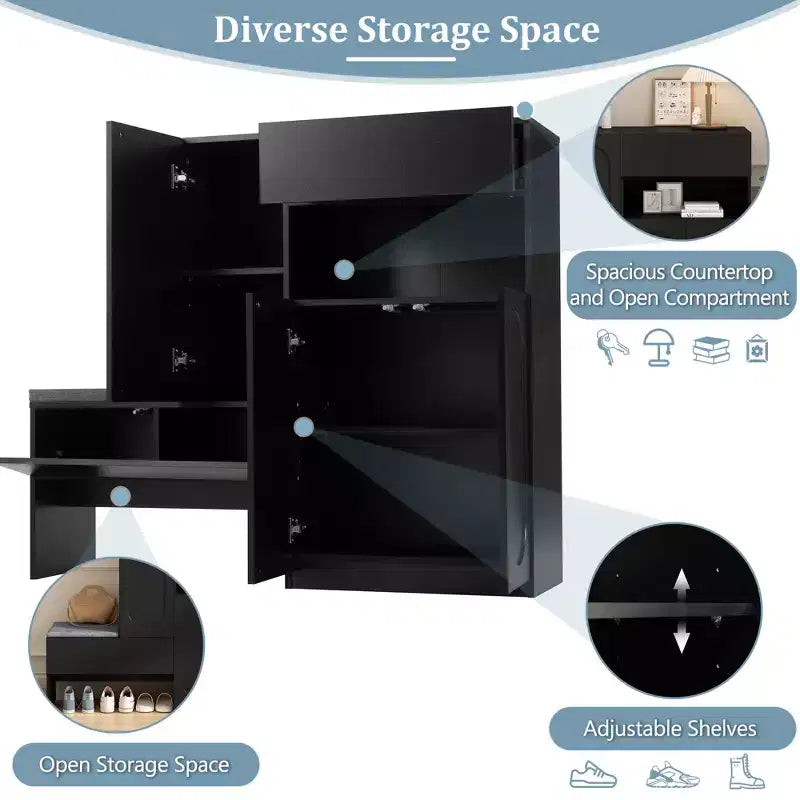 51W Storage Bench Shoe Bench Shoe Cabinet Shoe Rack Organizer with Cushion, Adjustable Shelves, Arched Doors and Rebound Devices, White/Black-ModernL