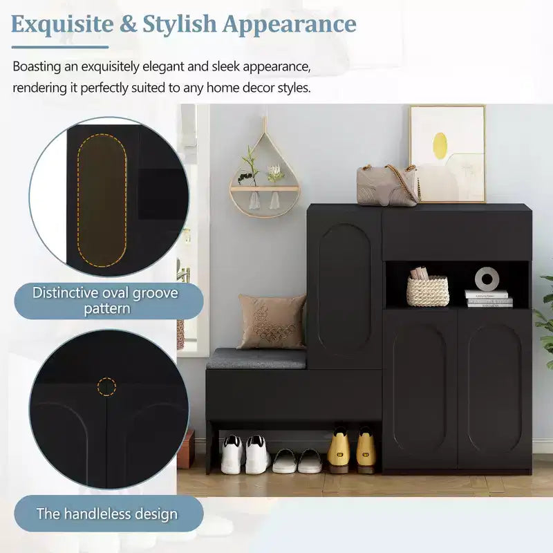 51W Storage Bench Shoe Bench Shoe Cabinet Shoe Rack Organizer with Cushion, Adjustable Shelves, Arched Doors and Rebound Devices, White/Black-ModernL