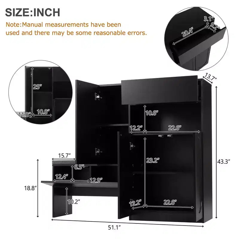 51W Storage Bench Shoe Bench Shoe Cabinet Shoe Rack Organizer with Cushion, Adjustable Shelves, Arched Doors and Rebound Devices, White/Black-ModernL