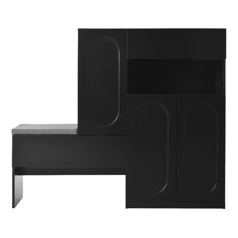 51W Storage Bench Shoe Bench Shoe Cabinet Shoe Rack Organizer with Cushion, Adjustable Shelves, Arched Doors and Rebound Devices, White/Black-ModernL