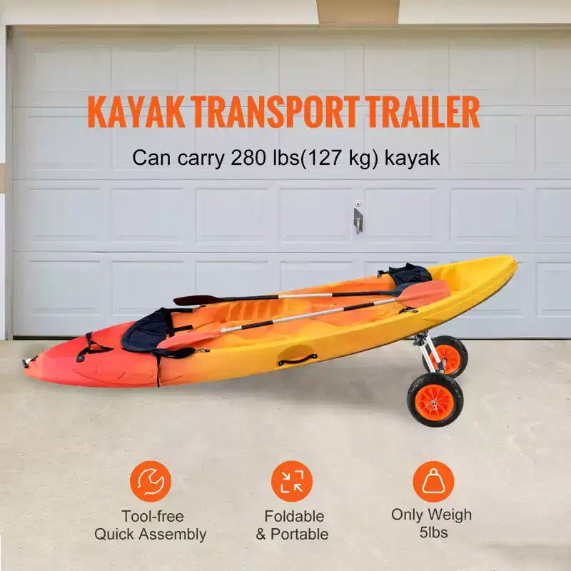 VEVOR Heavy Duty Kayak Cart, 280lbs Load Capacity, Detachable Canoe Trolley Cart with 10'' Solid Tires, Adjustable Width & Top Foam Protection
