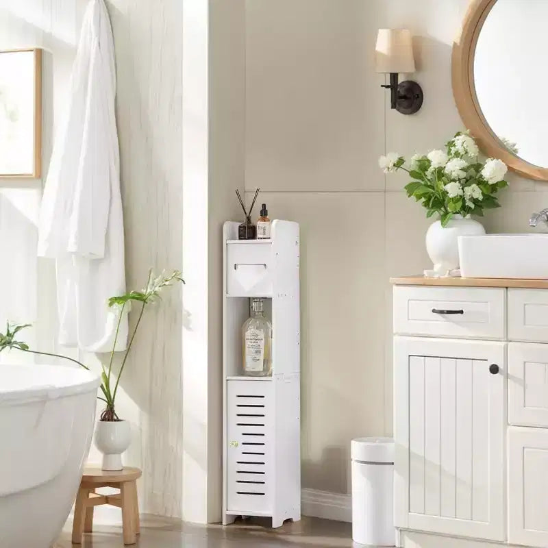 VECELO Bathroom Corner Shelf Storage, Waterproof Corner Cabinet with Toilet Paper Roll, Narrow Storage Organizer for Small Spaces, White