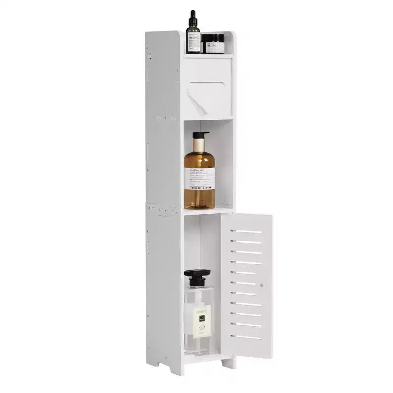 VECELO Bathroom Corner Shelf Storage, Waterproof Corner Cabinet with Toilet Paper Roll, Narrow Storage Organizer for Small Spaces, White