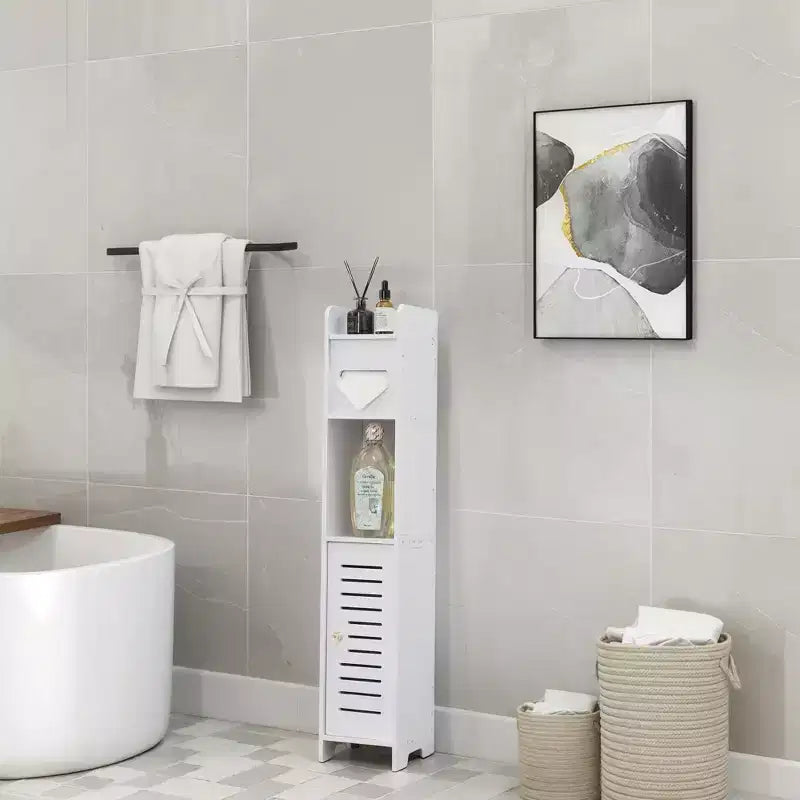 VECELO Bathroom Corner Shelf Storage, Waterproof Corner Cabinet with Toilet Paper Roll, Narrow Storage Organizer for Small Spaces, White