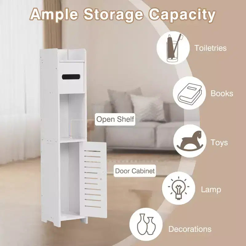 VECELO Bathroom Corner Shelf Storage, Waterproof Corner Cabinet with Toilet Paper Roll, Narrow Storage Organizer for Small Spaces, White