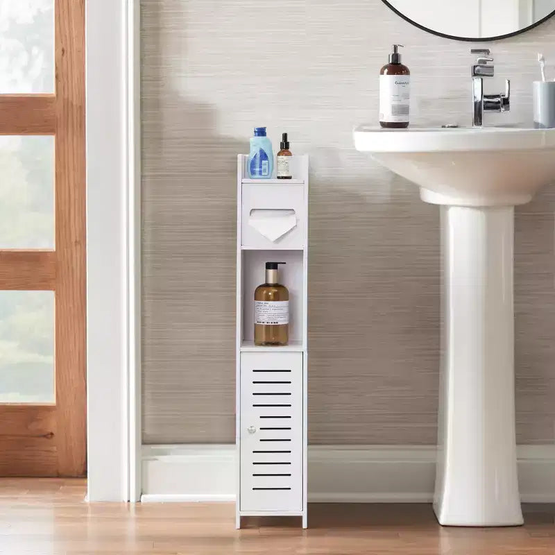 VECELO Bathroom Corner Shelf Storage, Waterproof Corner Cabinet with Toilet Paper Roll, Narrow Storage Organizer for Small Spaces, White