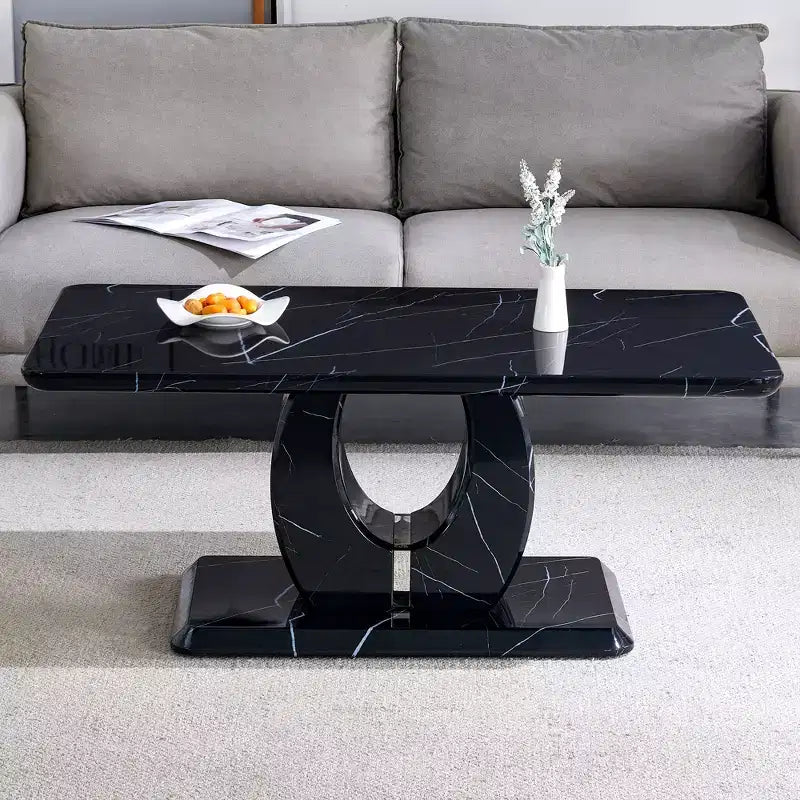 43W Coffee Table Cocktail Table Center Table, Marble Pattern/Wood Texture, Minimalist, White/Black/Walnut-ModernLuxe