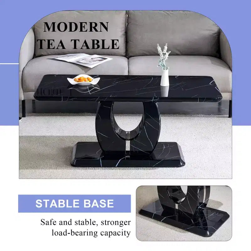 43W Coffee Table Cocktail Table Center Table, Marble Pattern/Wood Texture, Minimalist, White/Black/Walnut-ModernLuxe