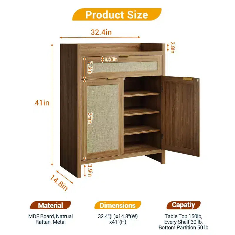 Meuble à chaussures, Armoire de rangement en bois avec portes et tiroir, Buffet en rotin avec étagère réglable