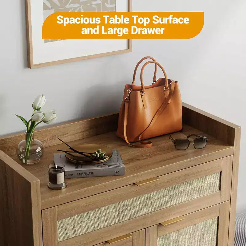Meuble à chaussures, Armoire de rangement en bois avec portes et tiroir, Buffet en rotin avec étagère réglable