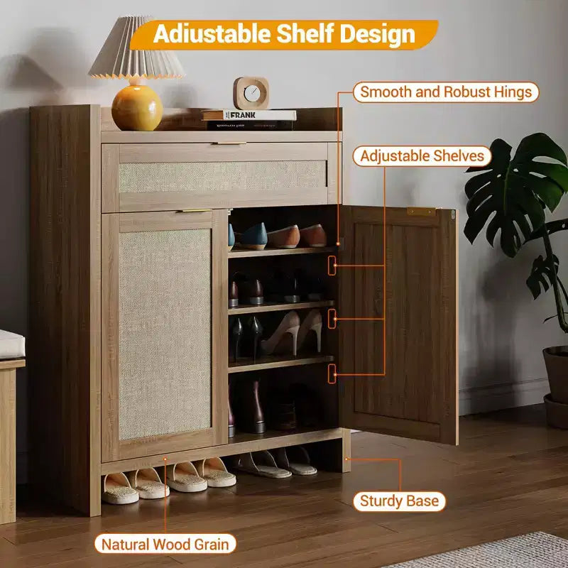 Shoe Cabinet, Wooden Storage Cabinet with Doors and Drawer, Rattan Buffet Cabinet Sideboard with Adjustable Shelf