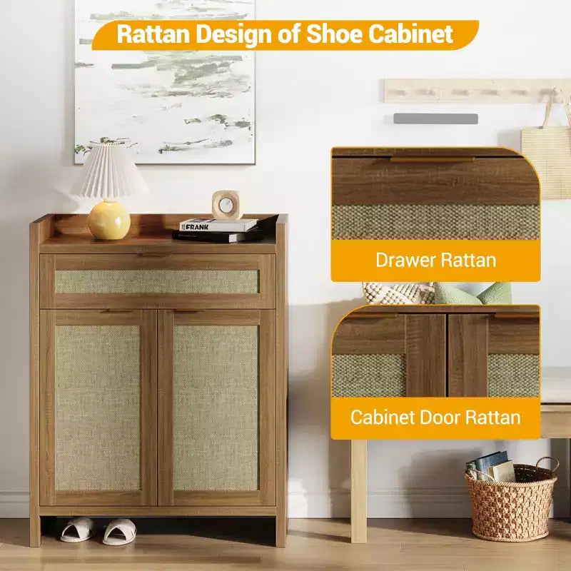 Meuble à chaussures, Armoire de rangement en bois avec portes et tiroir, Buffet en rotin avec étagère réglable