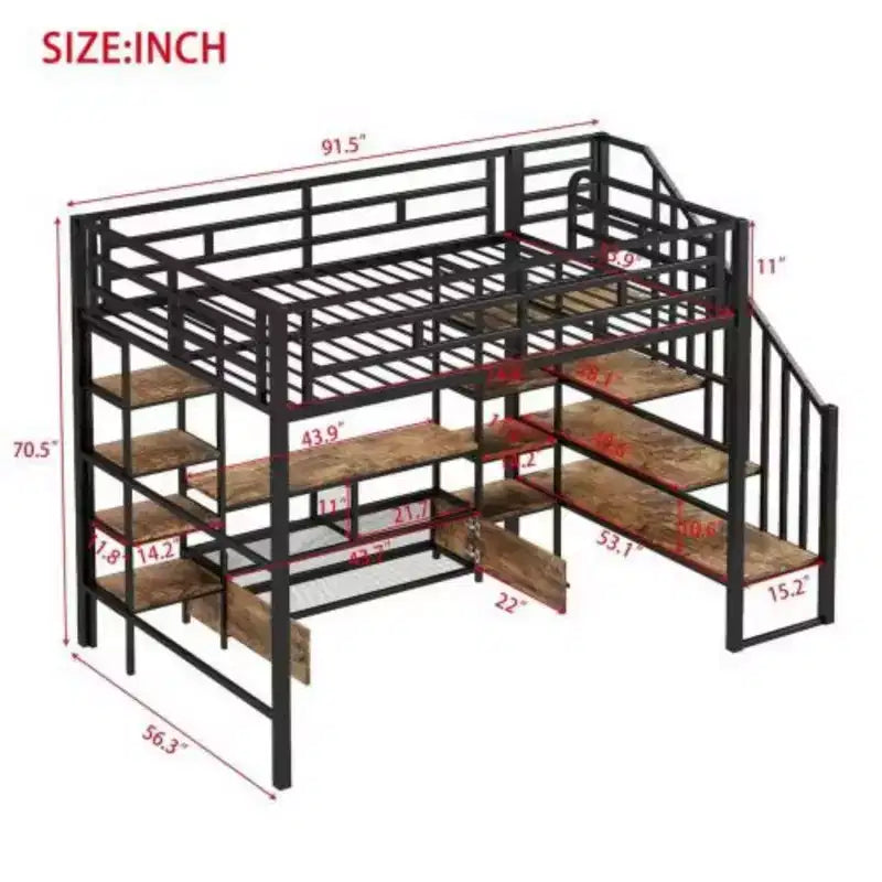 Full Size Metal Loft Bed with Staircase,Low Storage Table and Storage Shelves,Black