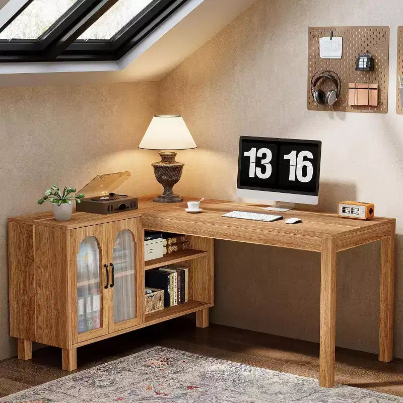Tribesings L-Shaped Computer Desk, 59-inch Executive Desk with Cabinet, Office Corner Desk Workstation, Brown