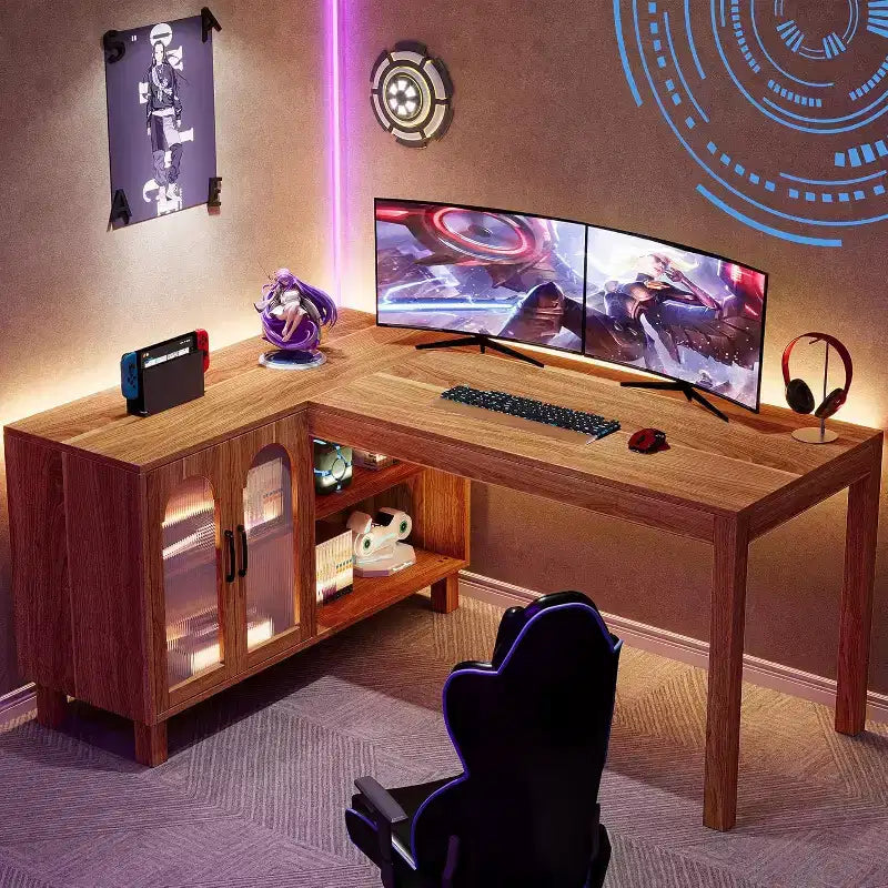 Tribesings L-Shaped Computer Desk, 59-inch Executive Desk with Cabinet, Office Corner Desk Workstation, Brown