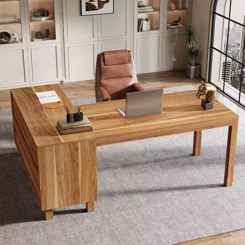 Tribesings L-Shaped Computer Desk, 59-inch Executive Desk with Cabinet, Office Corner Desk Workstation, Brown