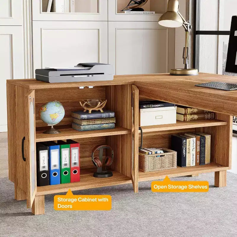 Tribesings L-Shaped Computer Desk, 59-inch Executive Desk with Cabinet, Office Corner Desk Workstation, Brown