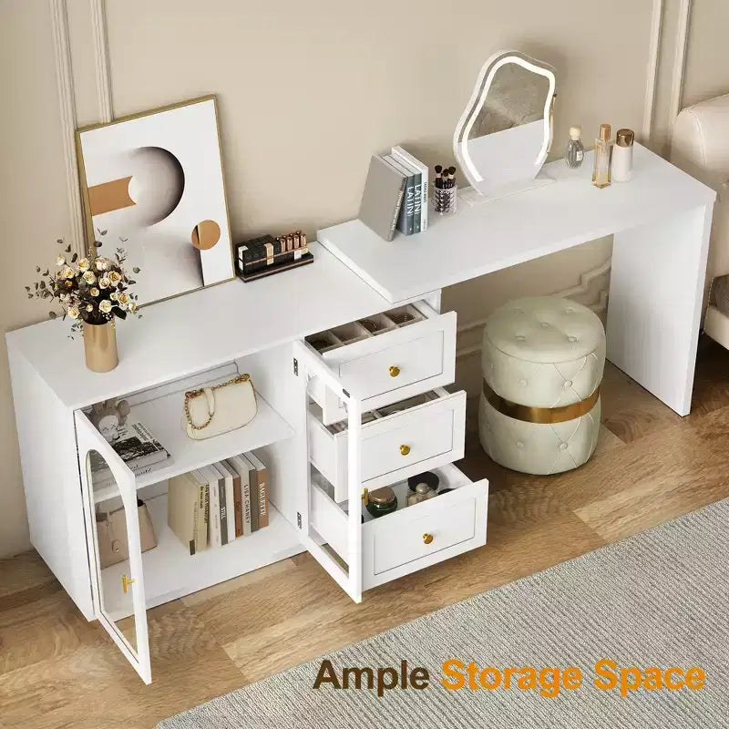 Heynemo Makeup Vanity Desk, Extendable Corner Vanity Makeup Table with 3 Drawers & 2 Doors, Modern Dressing Table for Bedroom