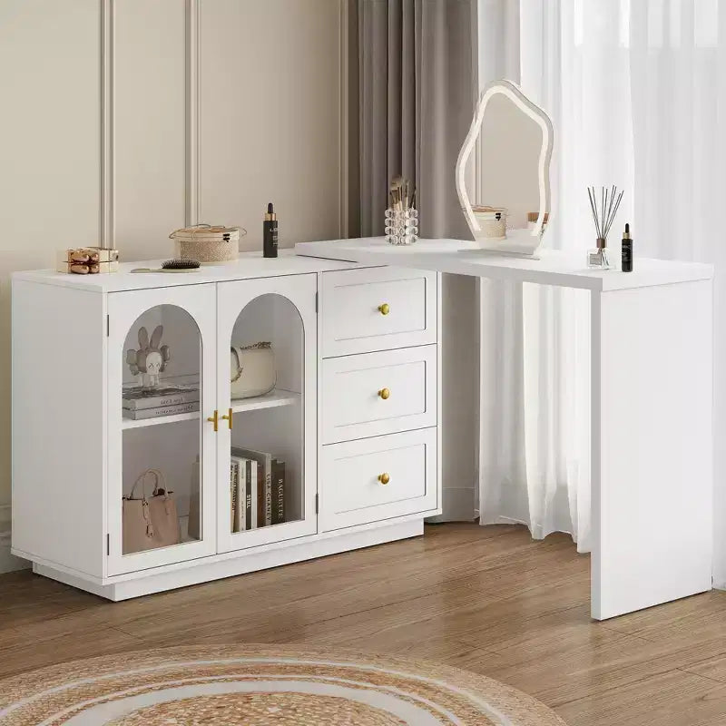 Heynemo Makeup Vanity Desk, Extendable Corner Vanity Makeup Table with 3 Drawers & 2 Doors, Modern Dressing Table for Bedroom