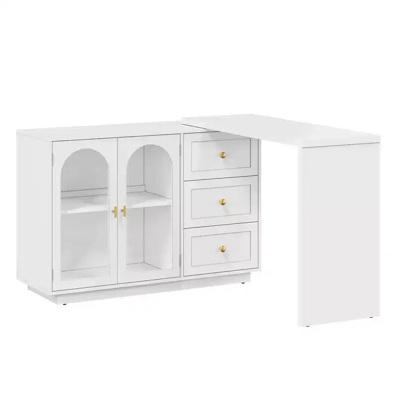 Heynemo Makeup Vanity Desk, Extendable Corner Vanity Makeup Table with 3 Drawers & 2 Doors, Modern Dressing Table for Bedroom