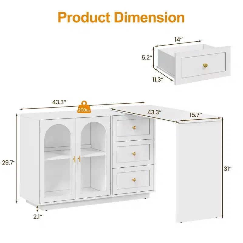 Heynemo Makeup Vanity Desk, Extendable Corner Vanity Makeup Table with 3 Drawers & 2 Doors, Modern Dressing Table for Bedroom